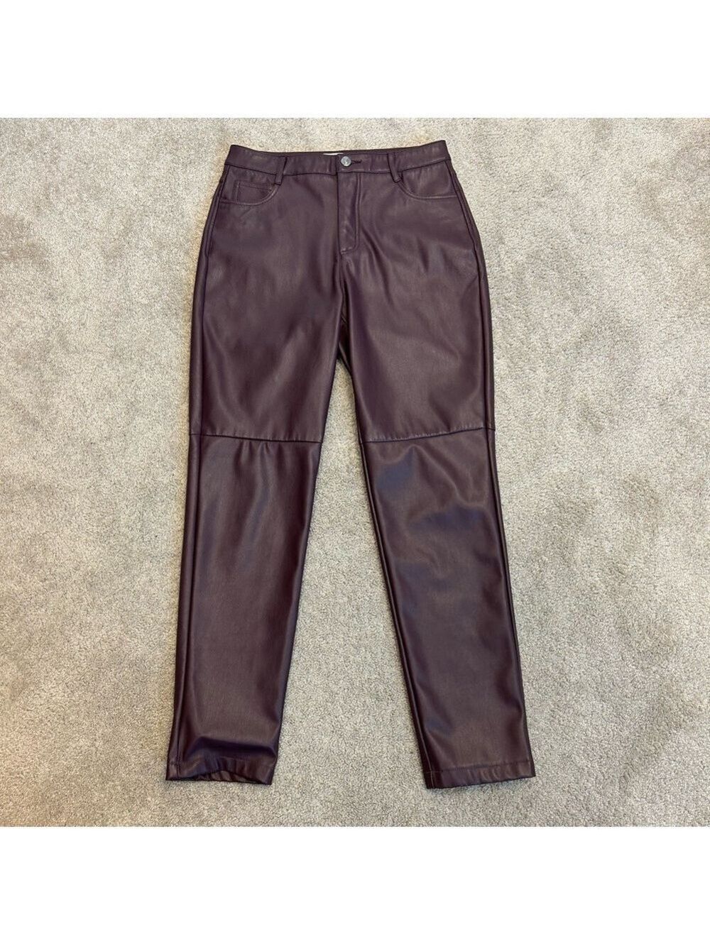 Joe fresh women’s burgundy maroon faux leather pleather high-rise slim fit pants